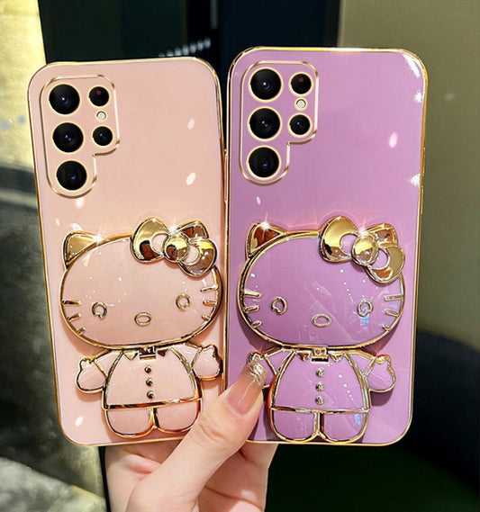 Cute cat makeup mirror holder protective Casefor Samsung S22 S23 S24 Plus Ultra