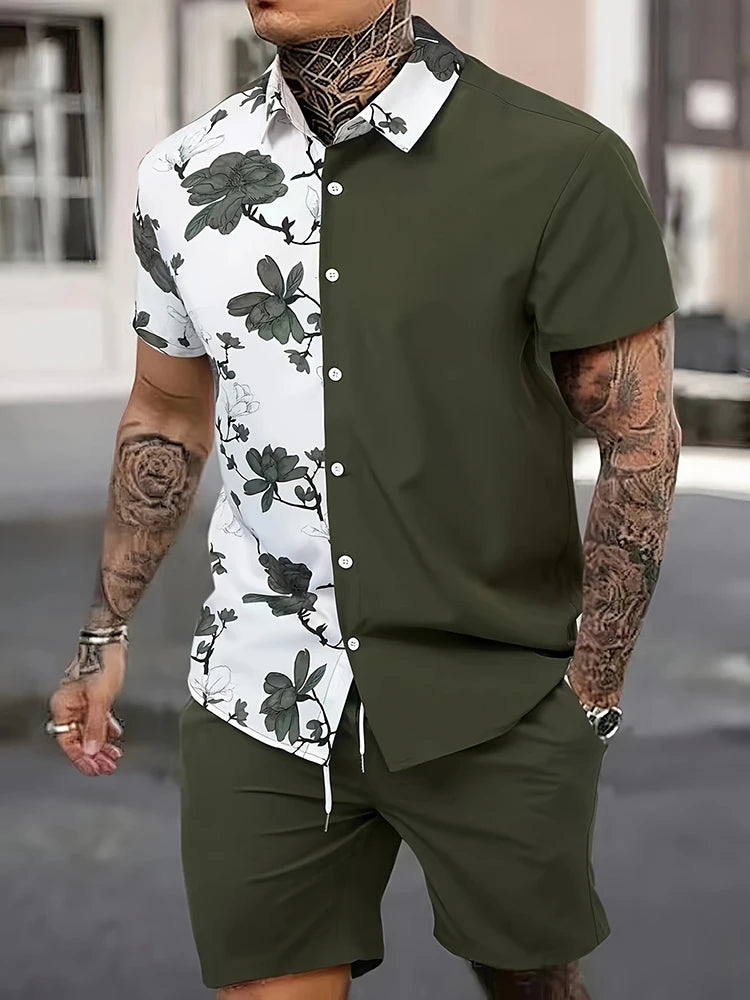 New Seaside Style Men's Short-Sleeved Shirt and Shorts Set