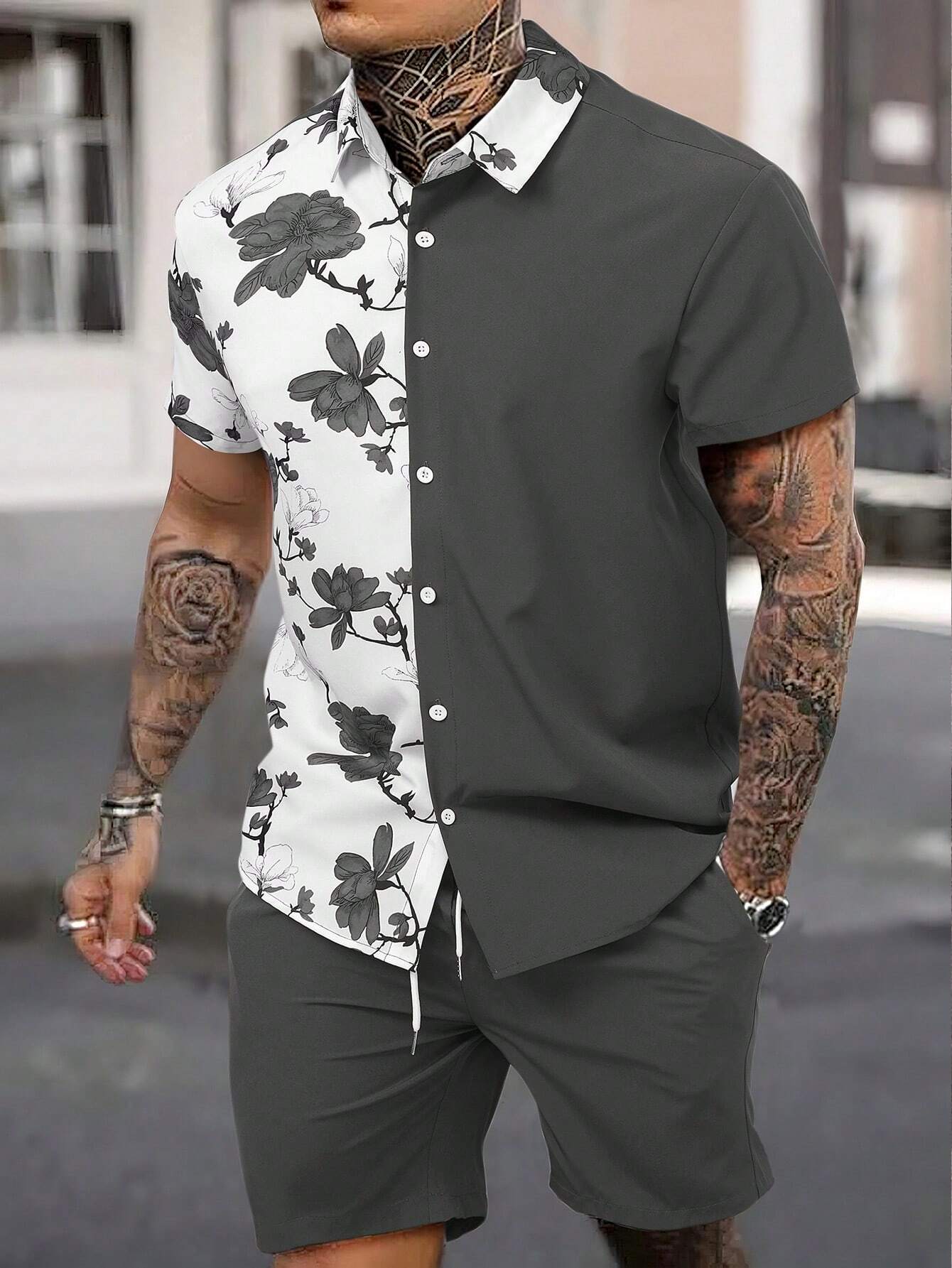 New Seaside Style Men's Short-Sleeved Shirt and Shorts Set