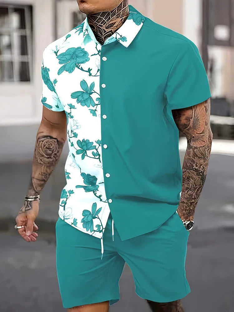 New Seaside Style Men's Short-Sleeved Shirt and Shorts Set