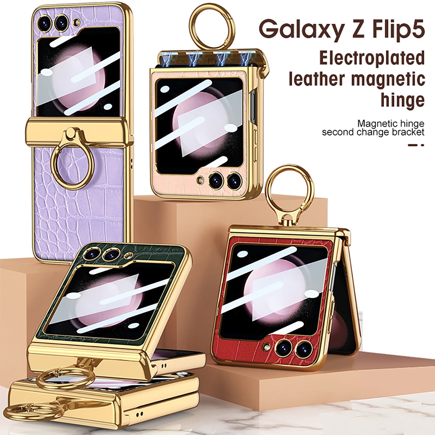 Electroplated Leather Magnetic Hinge Ring Holder Case For Samsung Galaxy Z Flip5 Flip4 Flip3  With Front Protection Film