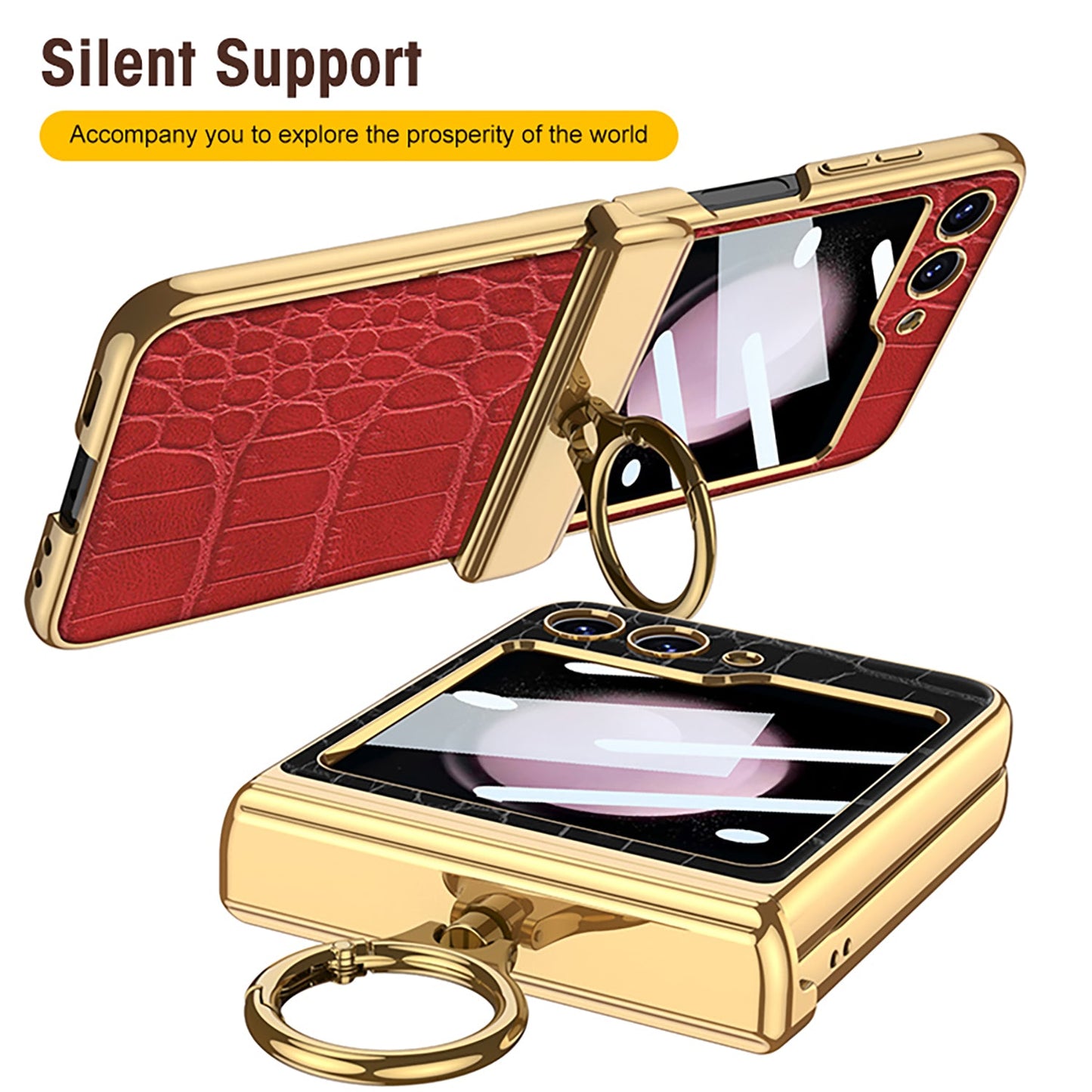 Electroplated Leather Magnetic Hinge Ring Holder Case For Samsung Galaxy Z Flip5 Flip4 Flip3  With Front Protection Film