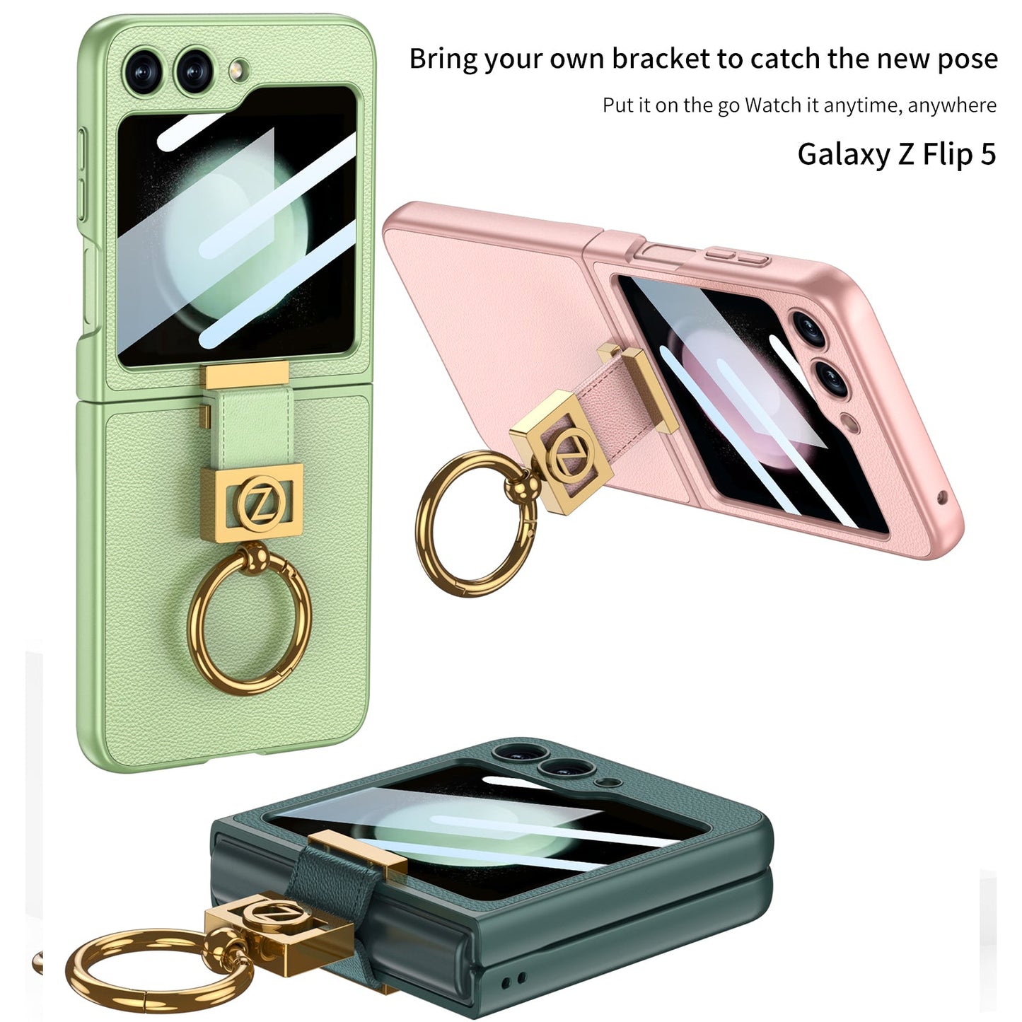 Luxury Leather Z Ring Holder Phone Case With Back Screen Protector For Samsung Galaxy Z Flip5