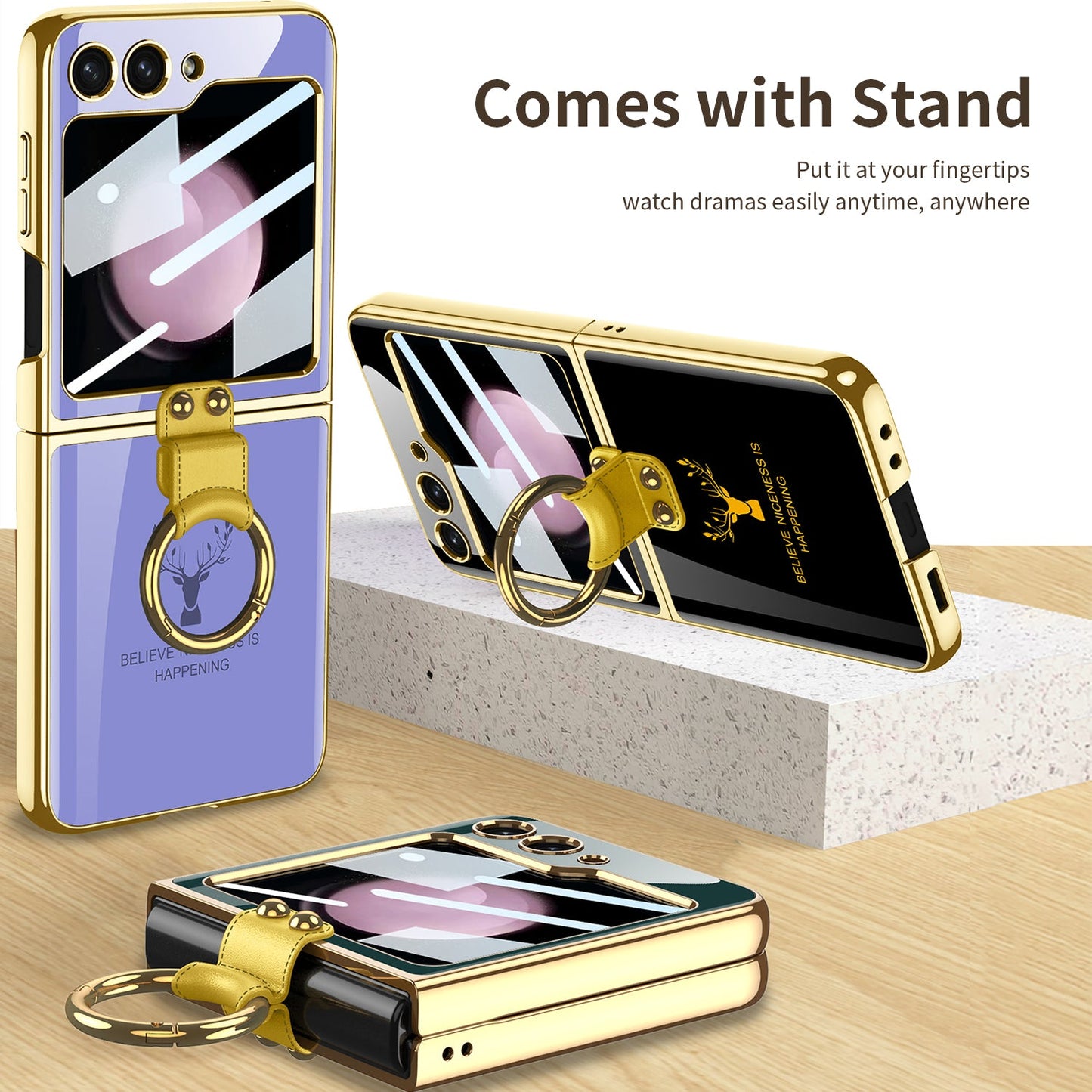 Electroplating Deer Pattern Ring Holder Drop-proof Phone Case With Back Screen Protector For Samsung Galaxy Z Flip5