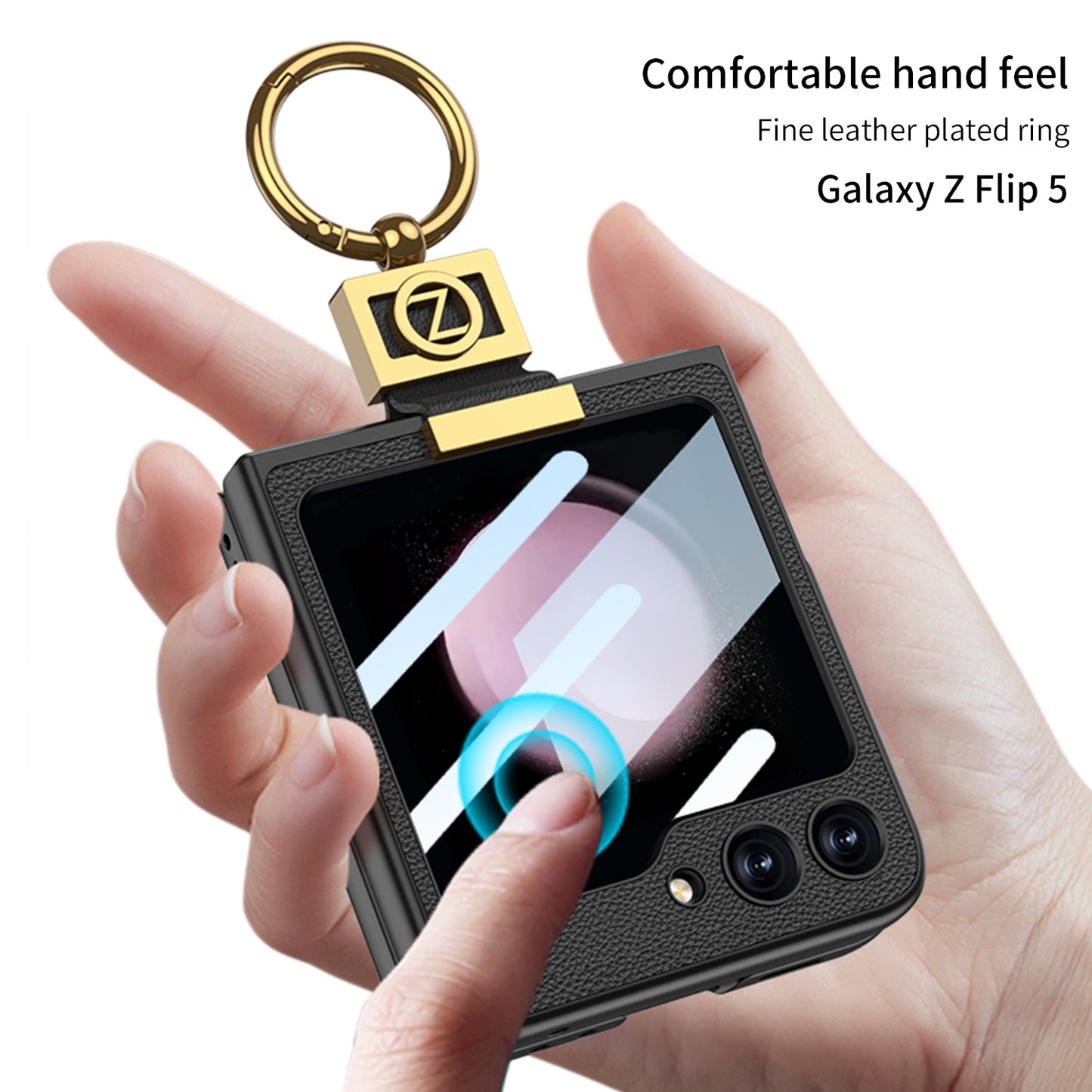 Luxury Leather Z Ring Holder Phone Case With Back Screen Protector For Samsung Galaxy Z Flip5