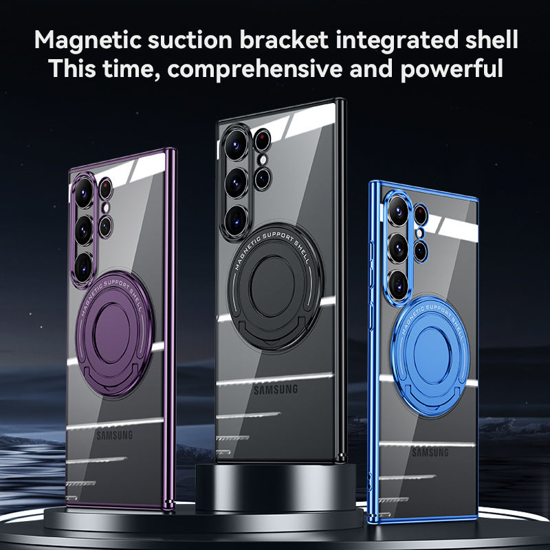 Magnetic Suction Bracket Electroplated Clear Protective Phone Case For Samsung Galaxy S24 S23 Ultra Plus