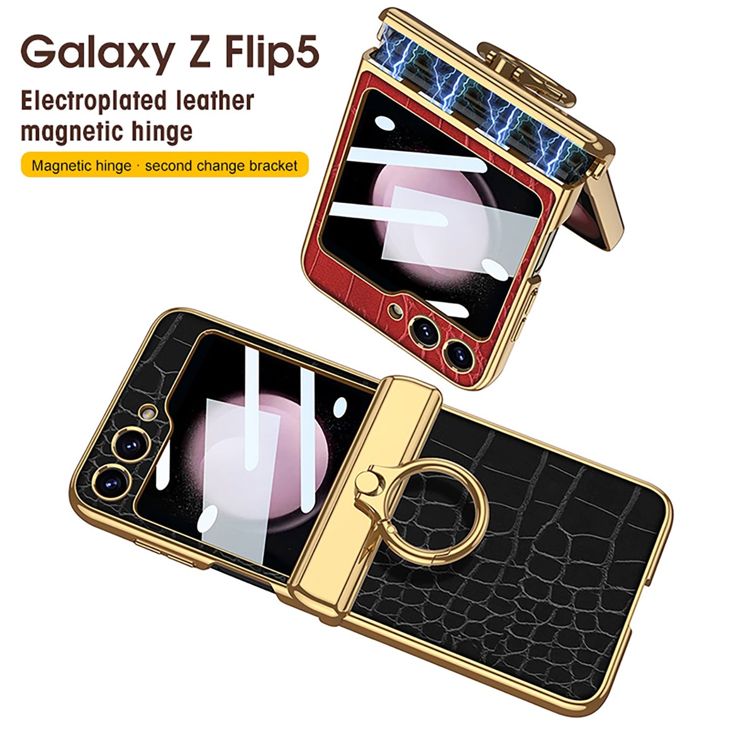 Electroplated Leather Magnetic Hinge Ring Holder Case For Samsung Galaxy Z Flip5 Flip4 Flip3  With Front Protection Film