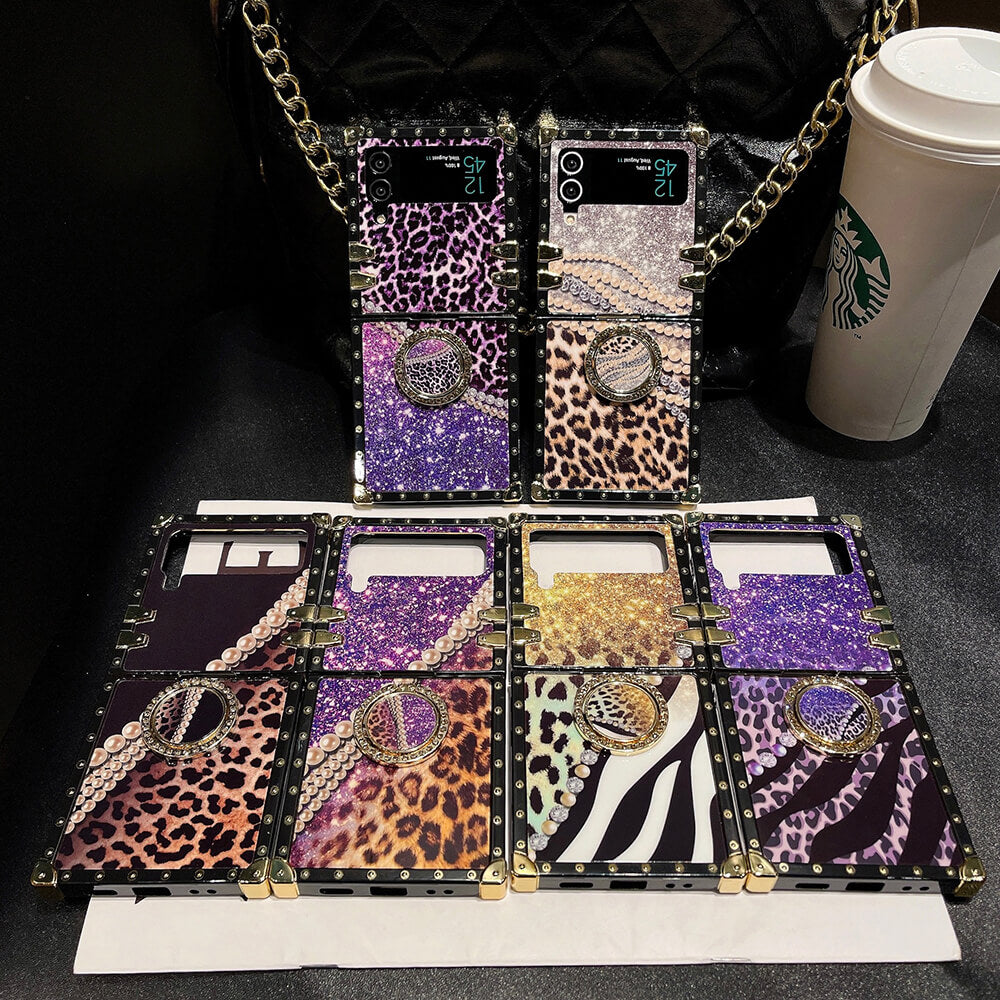 Leopard Pearl Shiny Ring Phone Case for Samsung Galaxy Z Flip 3/4/5