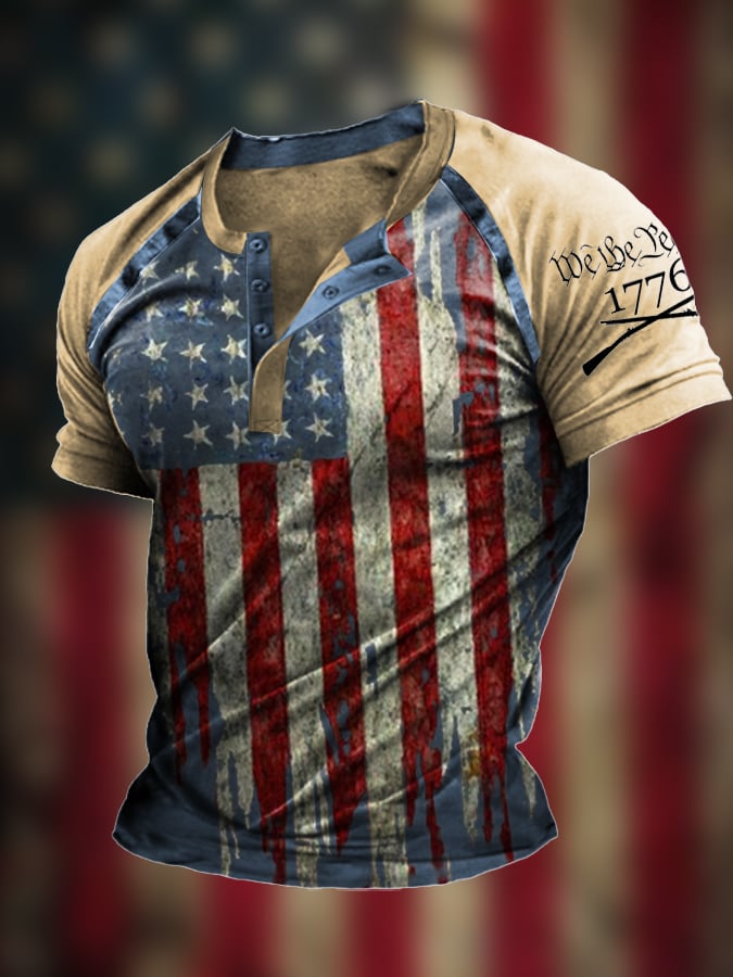 Men's Vintage Patchwork Flag Independence Day Henley Neck T-Shirt