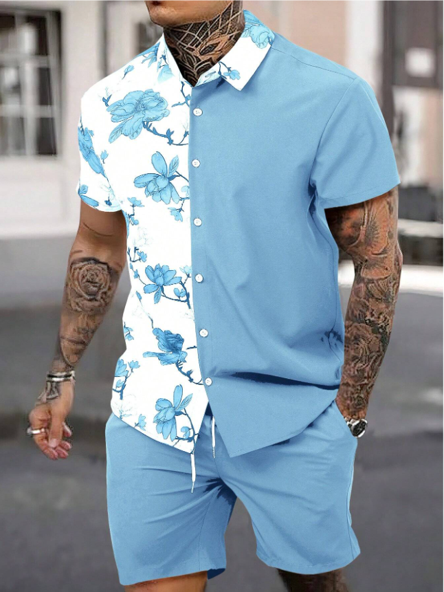 New Seaside Style Men's Short-Sleeved Shirt and Shorts Set