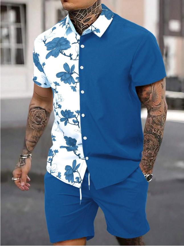 New Seaside Style Men's Short-Sleeved Shirt and Shorts Set