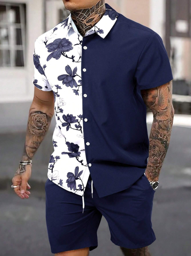 New Seaside Style Men's Short-Sleeved Shirt and Shorts Set