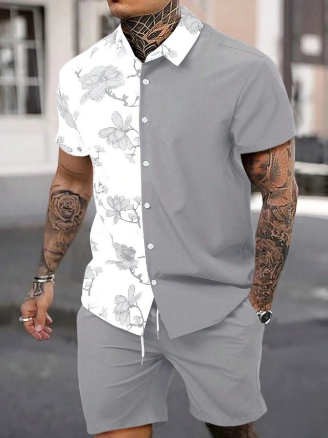 New Seaside Style Men's Short-Sleeved Shirt and Shorts Set