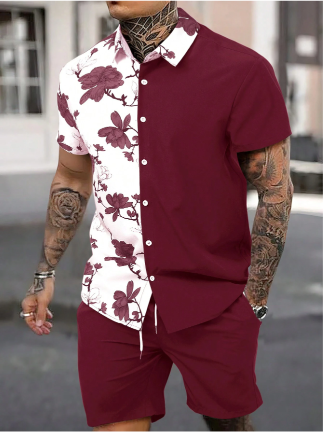 New Seaside Style Men's Short-Sleeved Shirt and Shorts Set