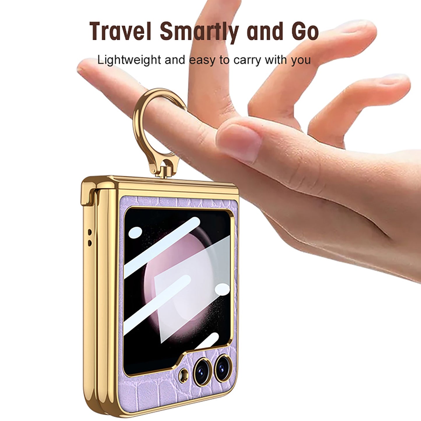 Electroplated Leather Magnetic Hinge Ring Holder Case For Samsung Galaxy Z Flip5 Flip4 Flip3  With Front Protection Film