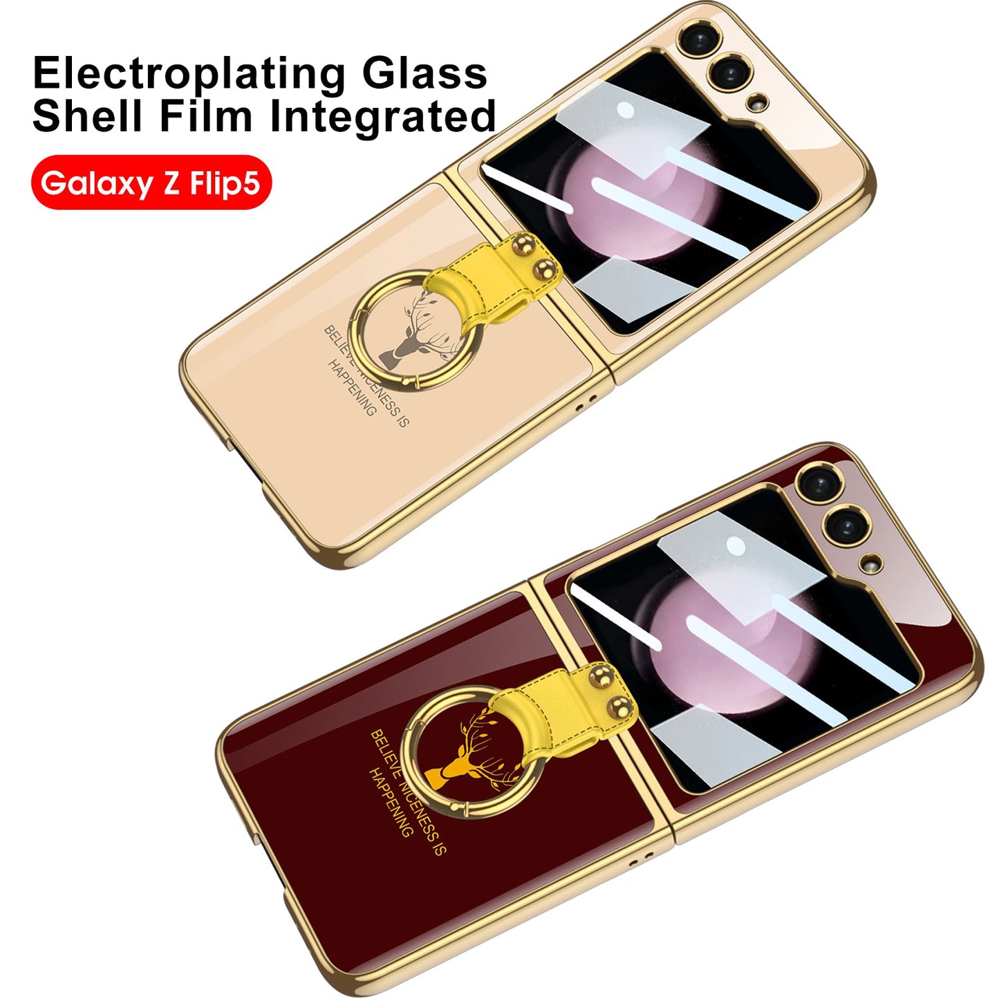 Electroplating Ring Holder Drop-proof Phone Case With Back Screen Protector For Samsung Galaxy Z Flip5 Flip4 Flip3