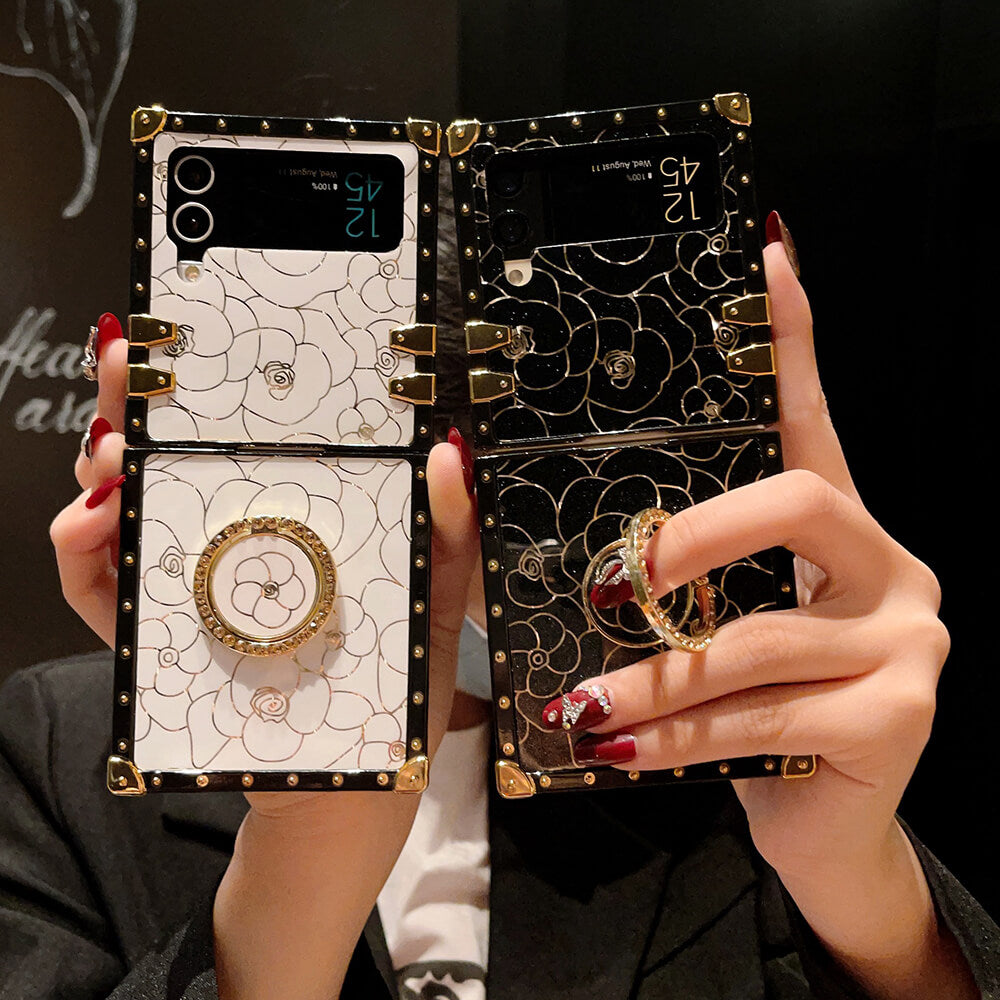 Luxury Brand Camellia Gold Plating Square Case For Samsung Galaxy Z Flip 3/4/5