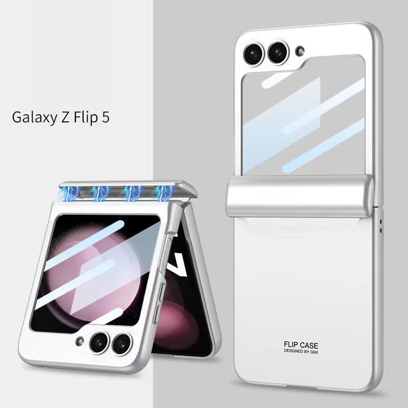 Magnetic Samsung Galaxy Z Flip 5 Hinge Full Coverage Phone Case with Front Screen Tempered Glass Protector