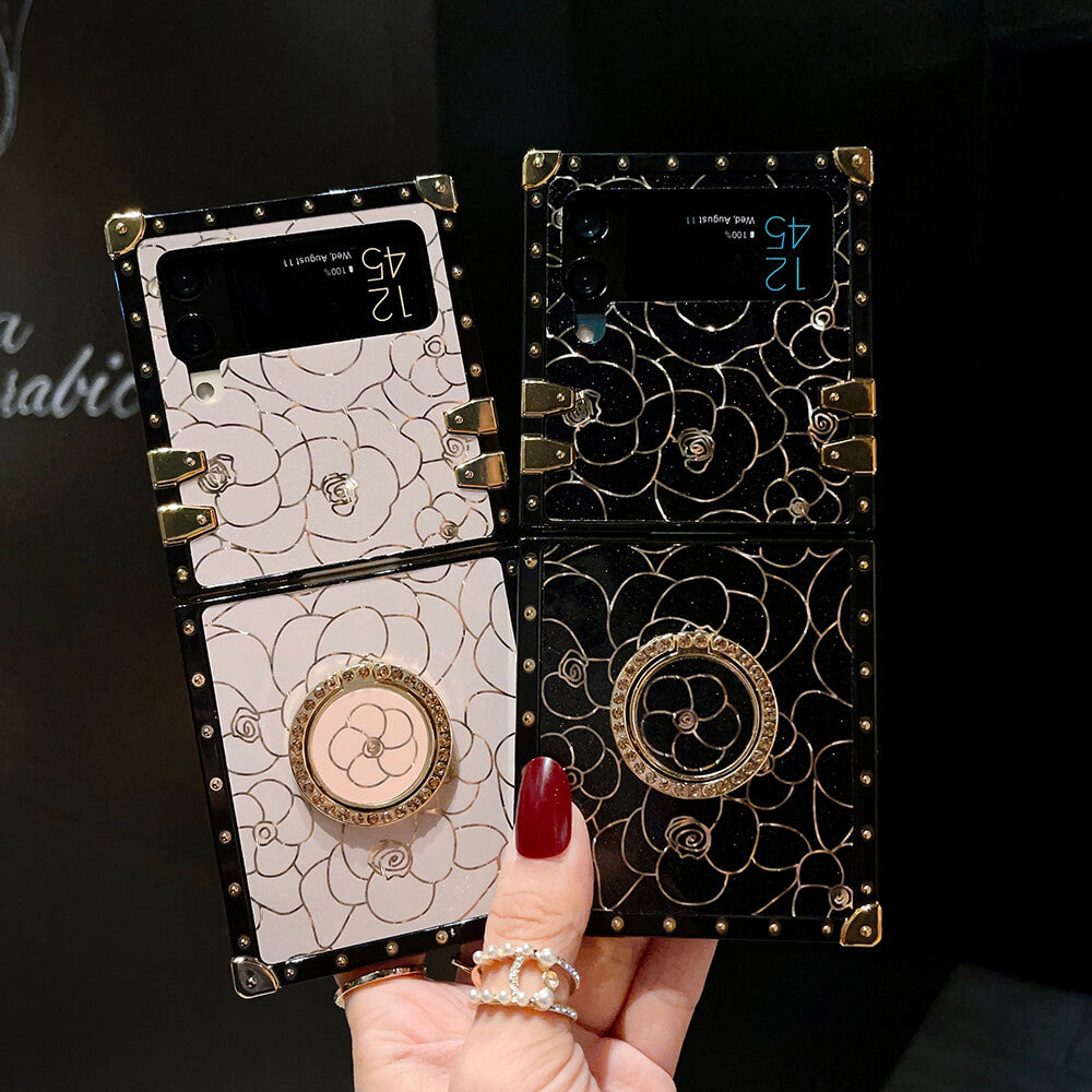 Luxury Brand Camellia Gold Plating Square Case For Samsung Galaxy Z Flip 3/4/5