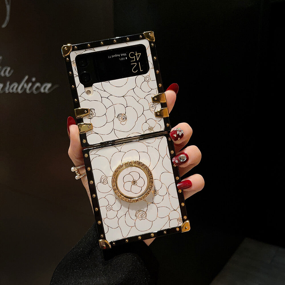 Luxury Brand Camellia Gold Plating Square Case For Samsung Galaxy Z Flip 3/4/5