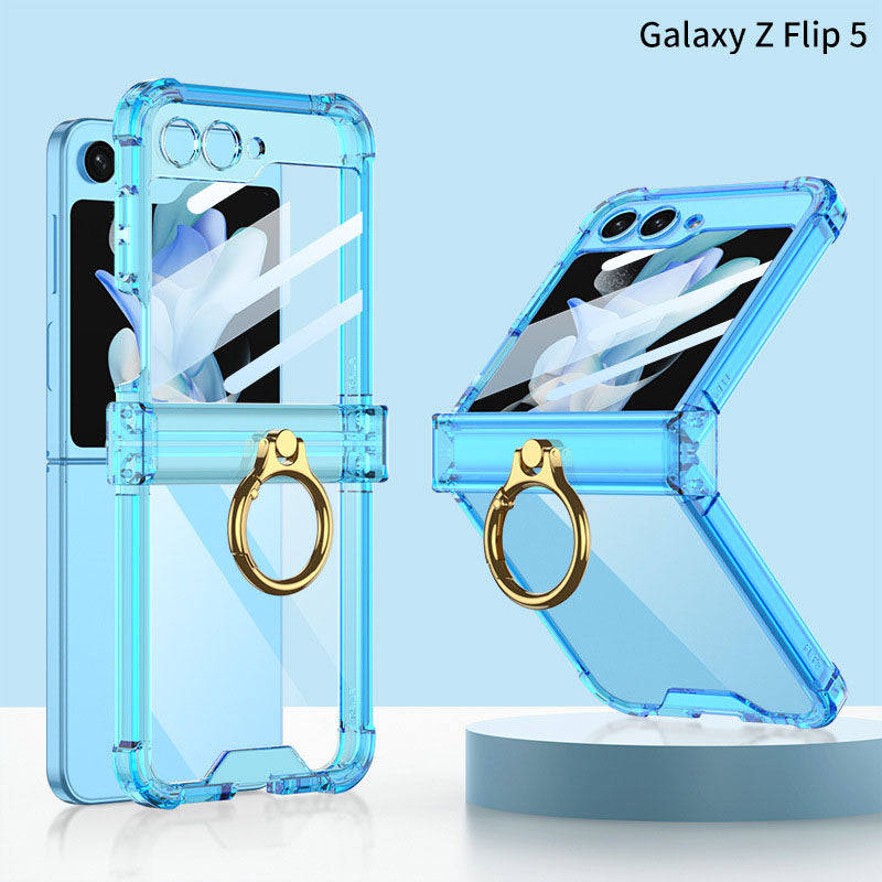 Samsung Galaxy Z Flip 5 Hinge Full Coverage Airbag Phone Case with Ring Front Screen Tempered Glass Protector