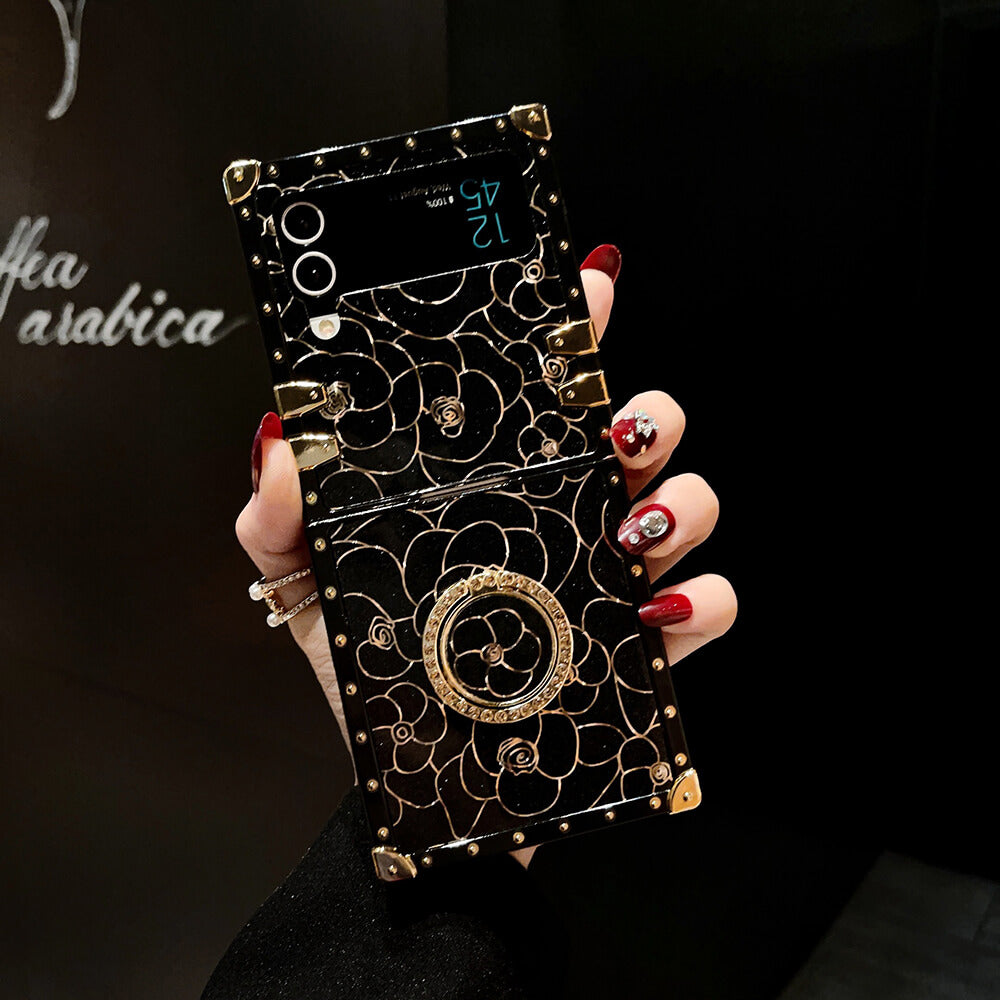 Luxury Brand Camellia Gold Plating Square Case For Samsung Galaxy Z Flip 3/4/5