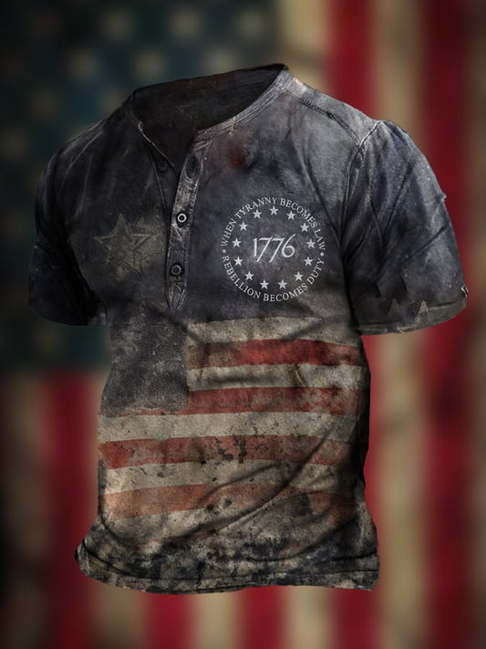 Men's Vintage Distressed Flag Independence Day Print Henley Neck T-Shirt
