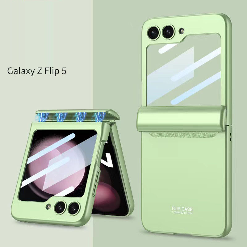 Magnetic Samsung Galaxy Z Flip 5 Hinge Full Coverage Phone Case with Front Screen Tempered Glass Protector