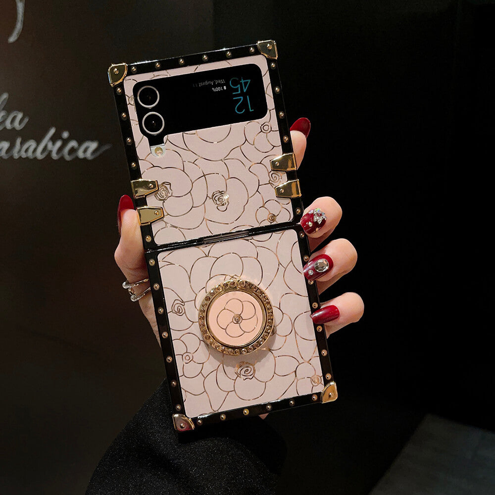 Luxury Brand Camellia Gold Plating Square Case For Samsung Galaxy Z Flip 3/4/5