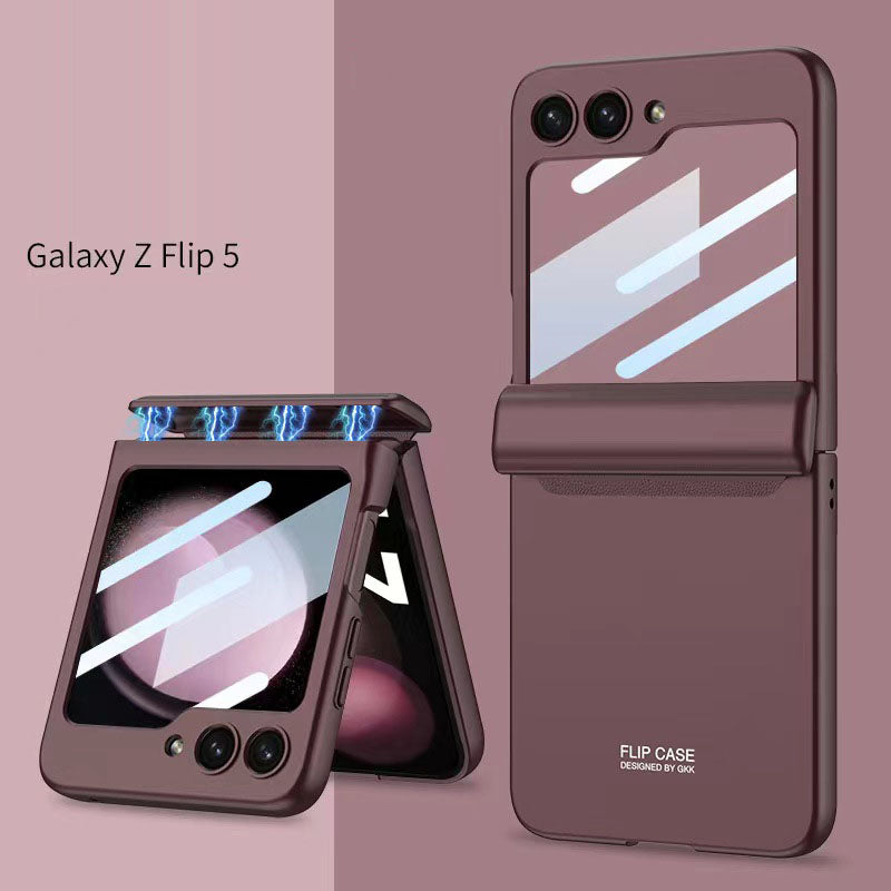 Magnetic Samsung Galaxy Z Flip 5 Hinge Full Coverage Phone Case with Front Screen Tempered Glass Protector