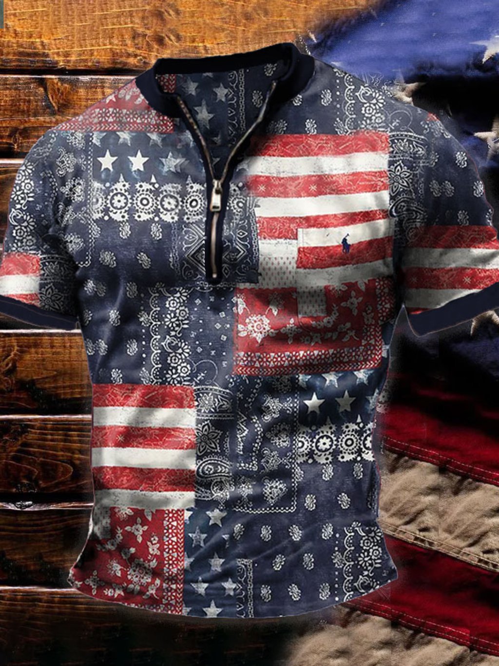 Men's 4th of July Flag Printed Zip Collar Top