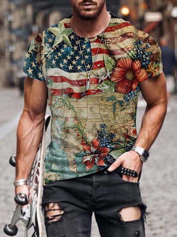 Men's Independence Day Vintage Floral Flag Print T-Shirt