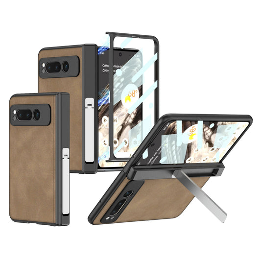 Magnetic Folding Hinge All-inclusive Leather Case With Tempered Film For Google Pixel Fold With Damped folding Bracket