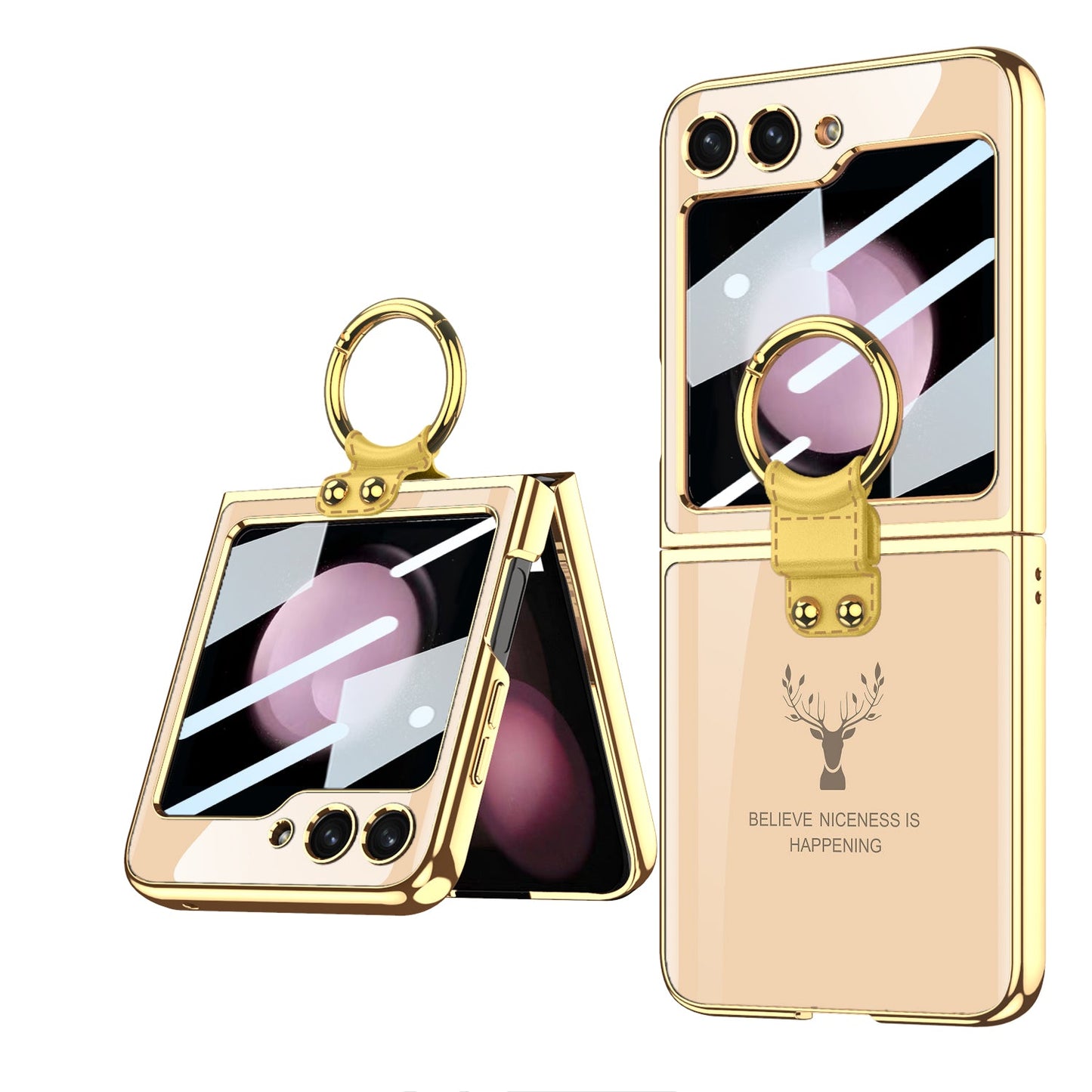 Electroplating Deer Pattern Ring Holder Drop-proof Phone Case With Back Screen Protector For Samsung Galaxy Z Flip5