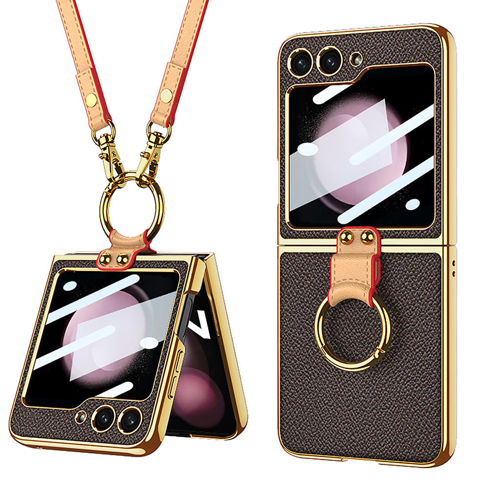 Luxury Leather Back Screen Tempered Glass Hard Frame Cover With Lanyard For Samsung Galaxy Z Flip5 Flip4 Flip3