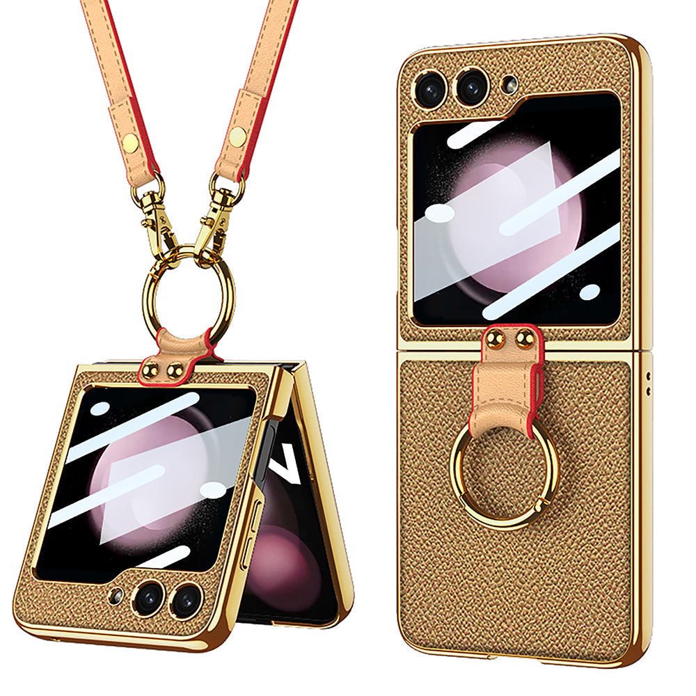 Luxury Leather Back Screen Tempered Glass Hard Frame Cover With Lanyard For Samsung Galaxy Z Flip5 Flip4 Flip3