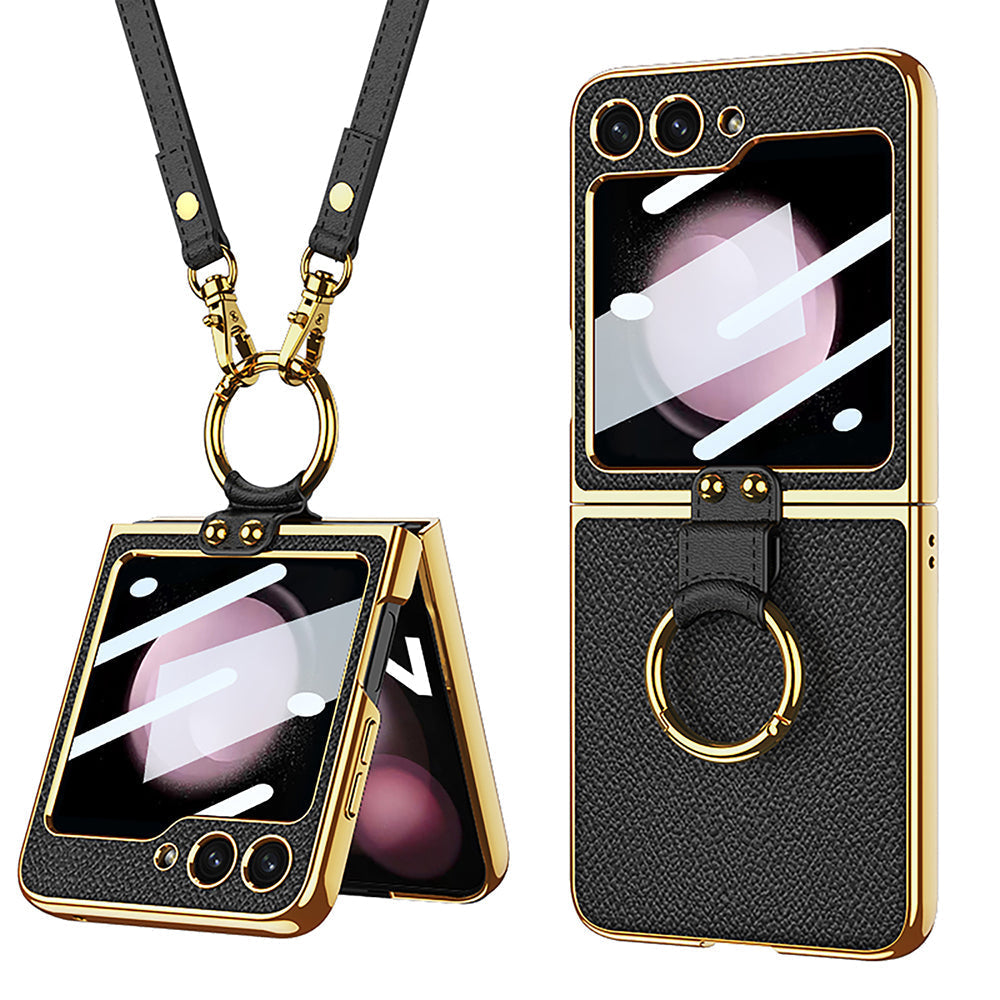 Luxury Leather Back Screen Tempered Glass Hard Frame Cover With Lanyard For Samsung Galaxy Z Flip5 Flip4 Flip3