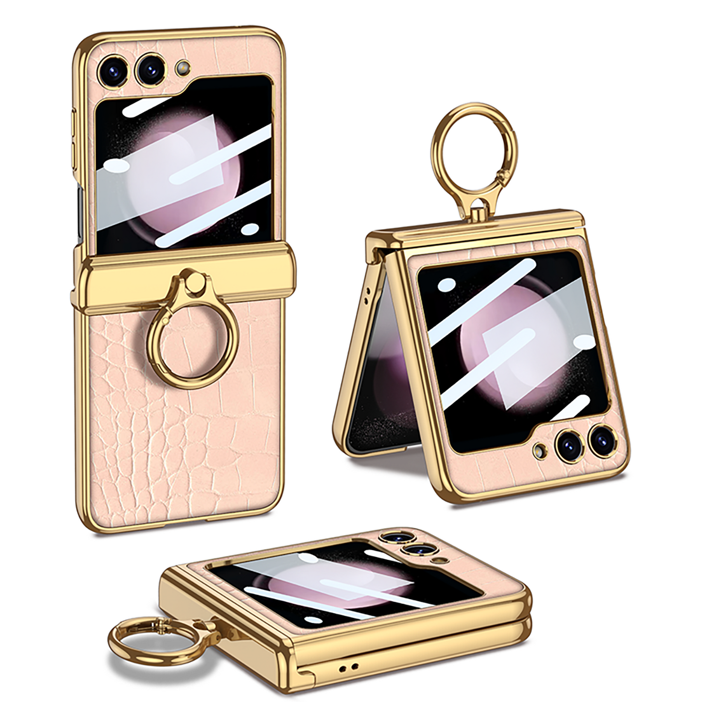 Electroplated Leather Magnetic Hinge Ring Holder Case For Samsung Galaxy Z Flip5 Flip4 Flip3  With Front Protection Film