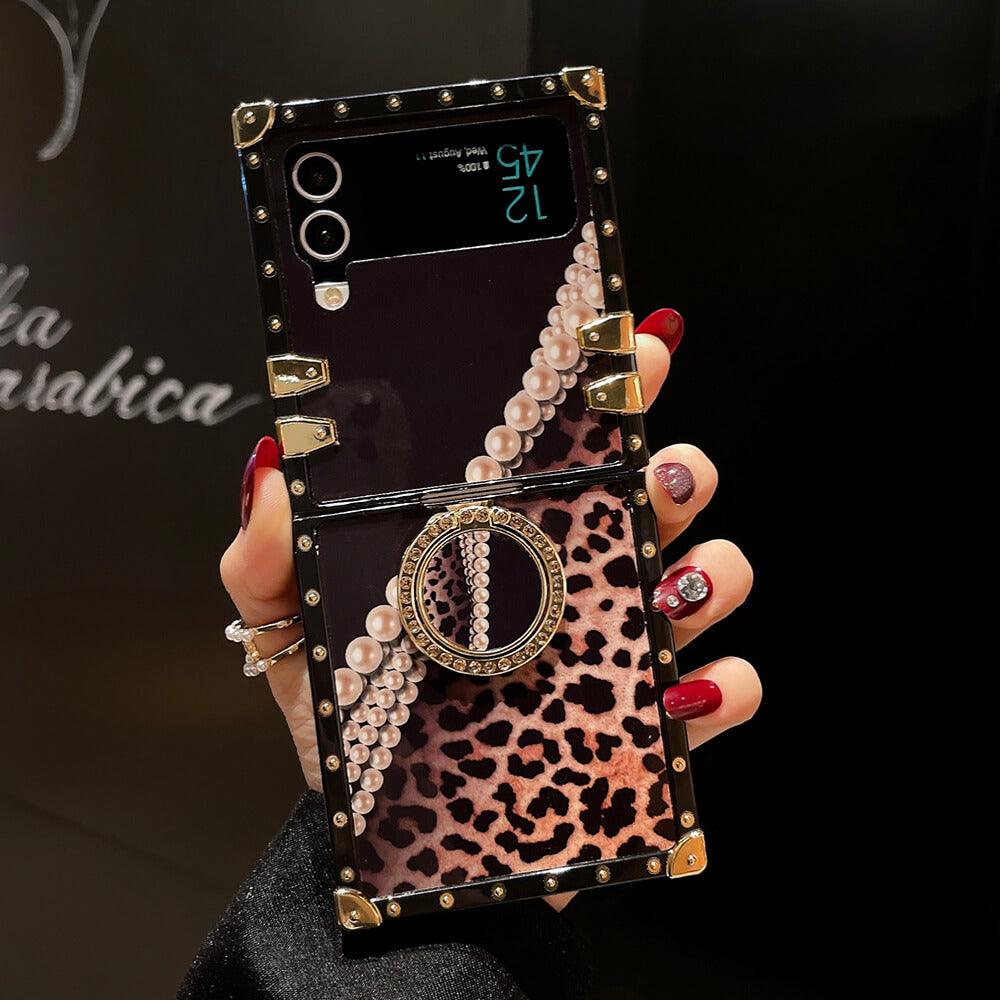 Leopard Pearl Shiny Ring Phone Case for Samsung Galaxy Z Flip 3/4/5