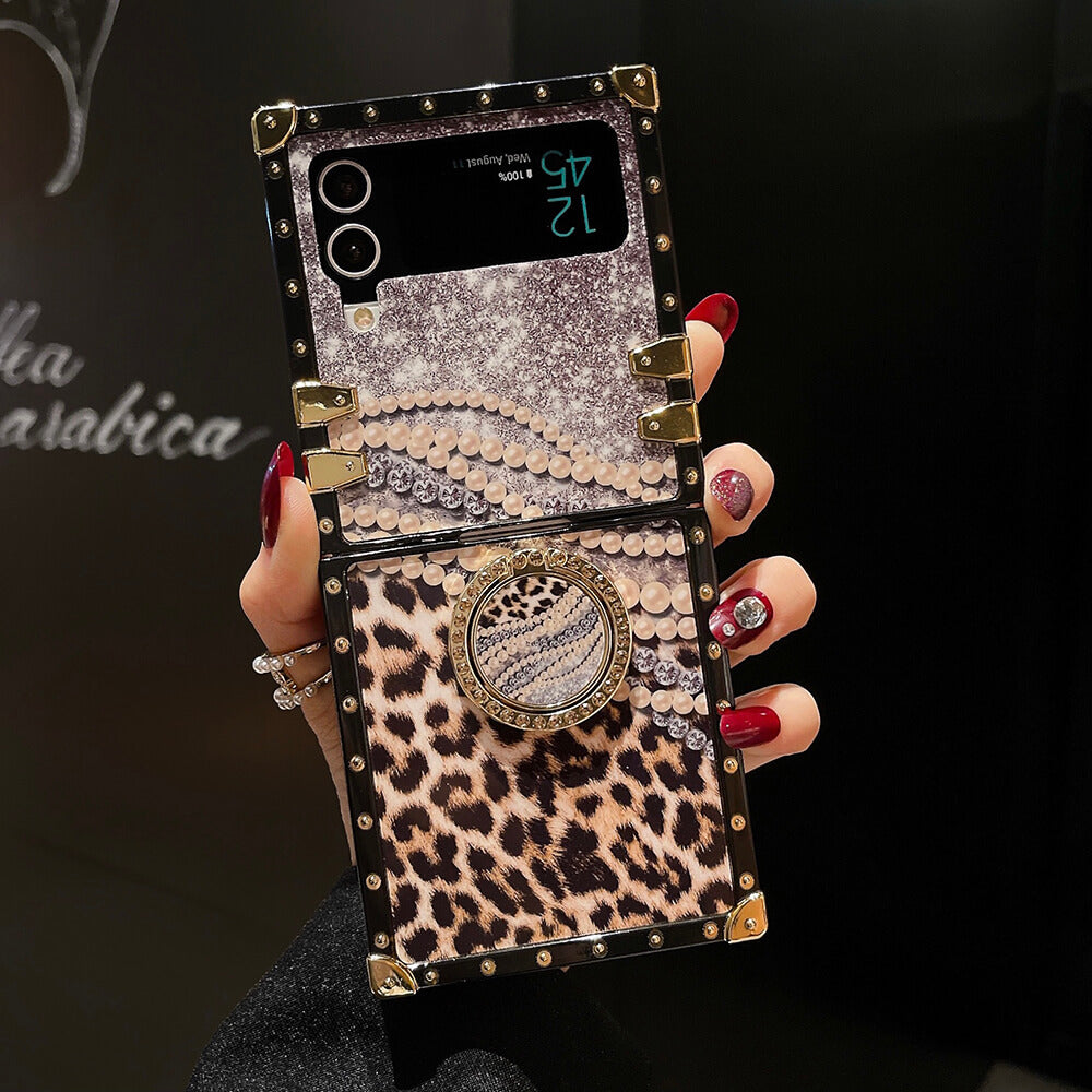 Leopard Pearl Shiny Ring Phone Case for Samsung Galaxy Z Flip 3/4/5