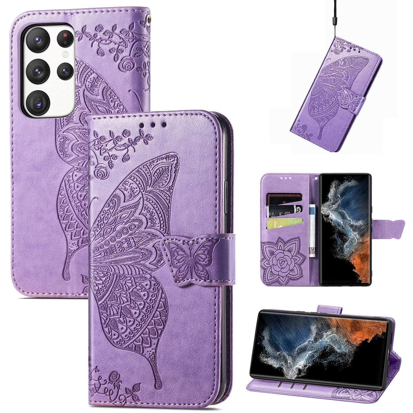 Embossed Butterfly Wallet Flip Case For Samsung Galaxy Series