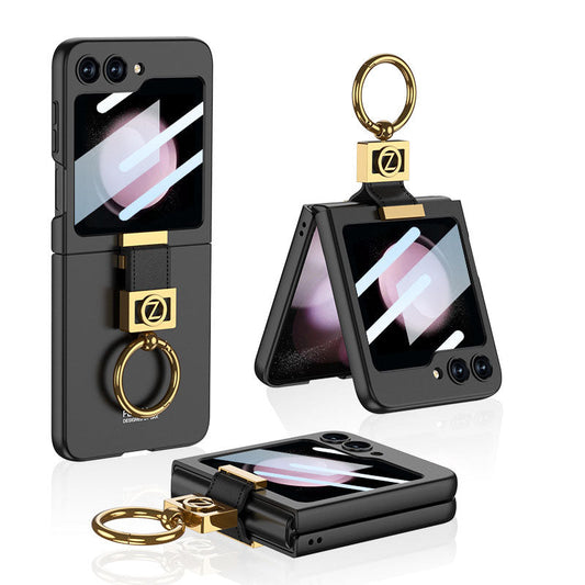 Luxury Z Ring Holder Phone Case With Back Screen Protector For Samsung Galaxy Z Flip5 Flip4 Flip3