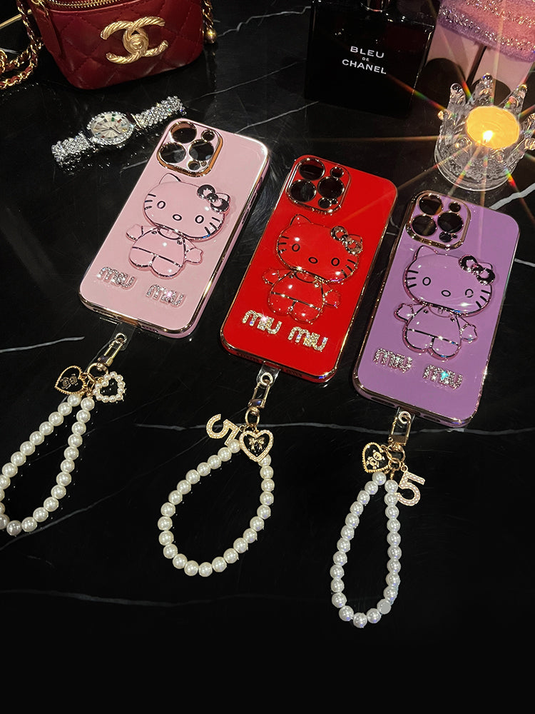 Cute cat makeup mirror holder protective Case for iPhone 13 14 15 Pro Pro MAX series