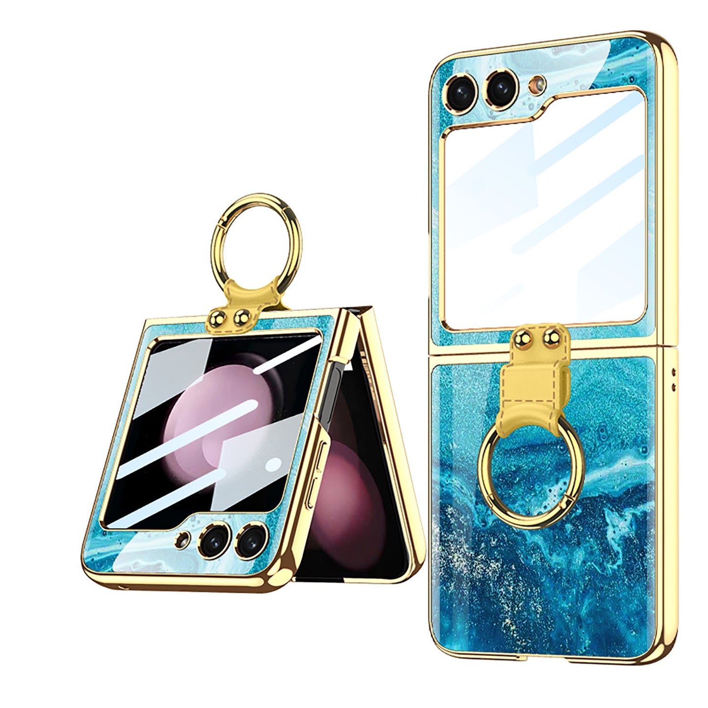 Electroplating Ring Holder Drop-proof Phone Case With Back Screen Protector For Samsung Galaxy Z Flip5 Flip4 Flip3
