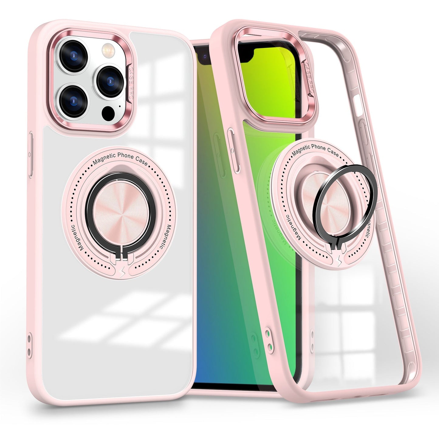 Metal Magnetic Ring Holder Transparent Protective Phone Case For iPhone Support Wireless Charging