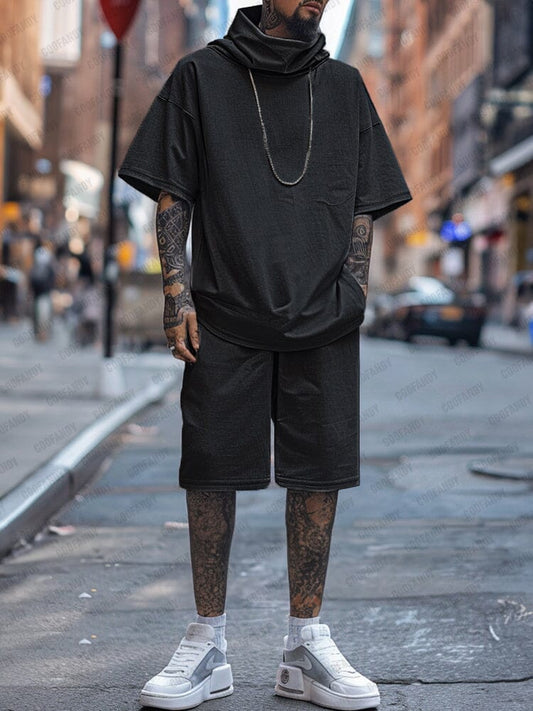 Stylish Loose Turtleneck T-shirt Shorts Set Sets coofandy Black M 