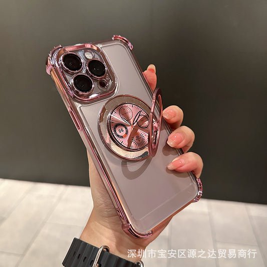 iPhone Case  phone shell plating four corners fall+magnetic+clock+pattern rotating ring bracket
