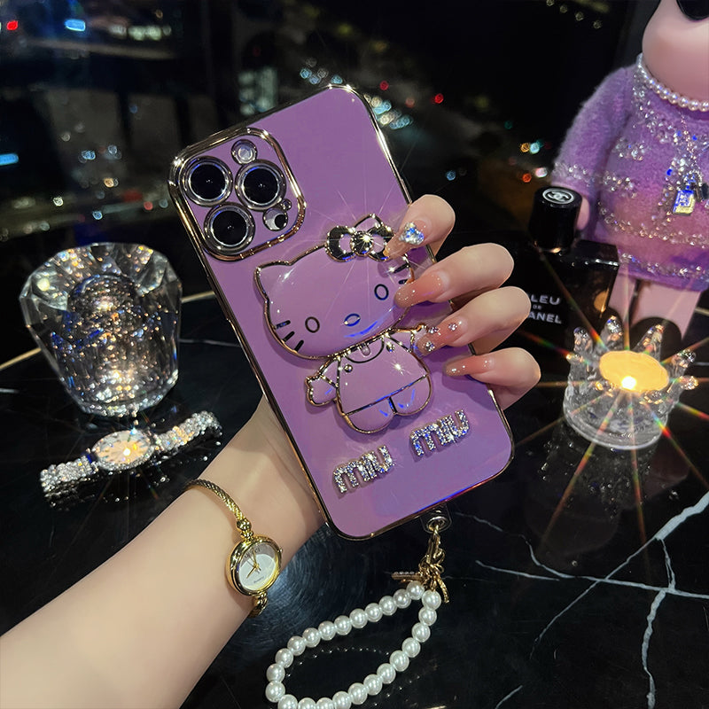 Cute cat makeup mirror holder protective Case for iPhone 13 14 15 Pro Pro MAX series