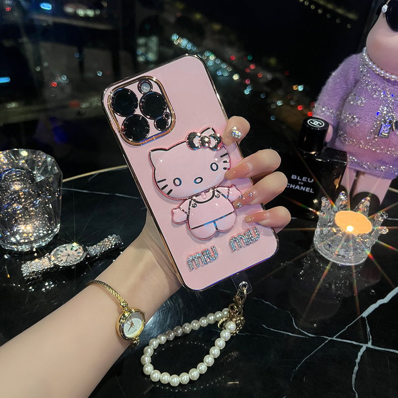 Cute cat makeup mirror holder protective Case for iPhone 13 14 15 Pro Pro MAX series