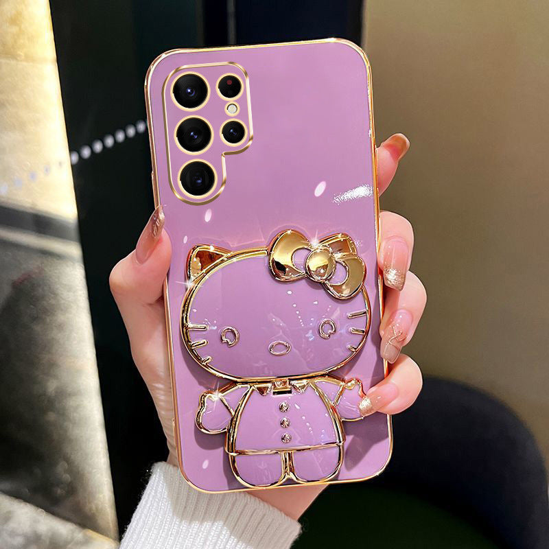 Cute cat makeup mirror holder protective Casefor Samsung S22 S23 S24 Plus Ultra